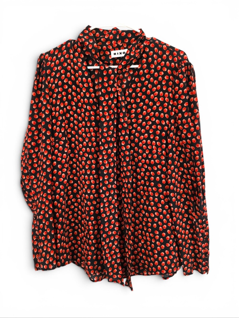 Rixo 100% Silk Rose Petal Blouse Top Print Red Black Fallon Large Flowy Loose